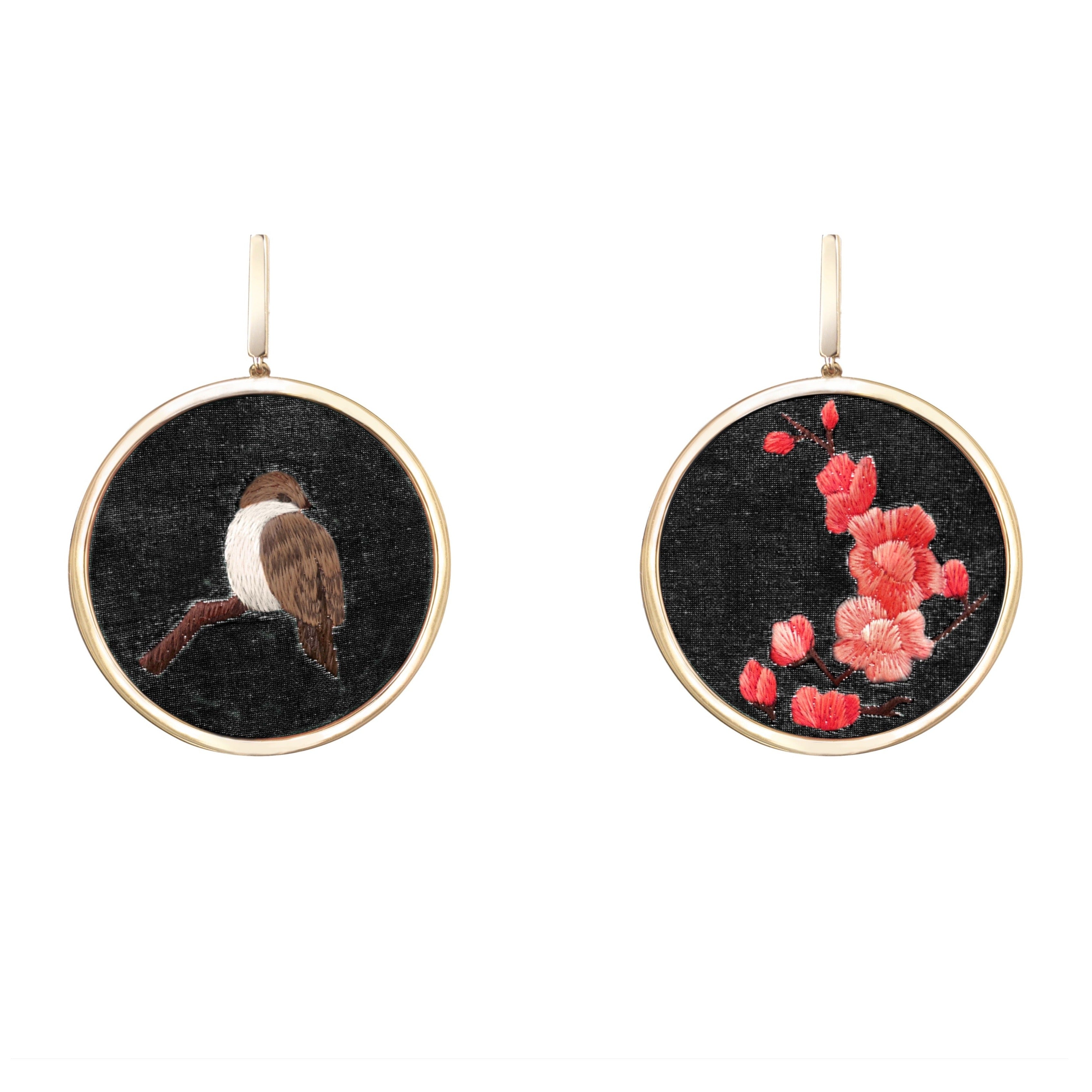 Sparrow and Plum Blossom Earrings (Black)