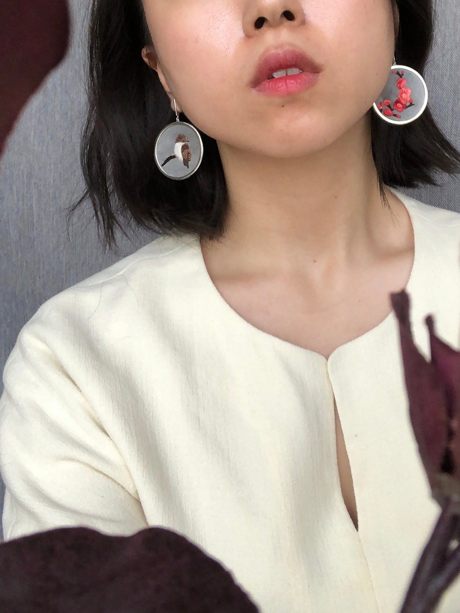 Sparrow and Plum Blossom Earrings (White)